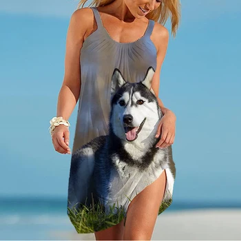 Платье с 3D-печатью для собак, Модный темперамент, женское летнее платье, Гавайское пляжное праздничное платье, простое удобное платье